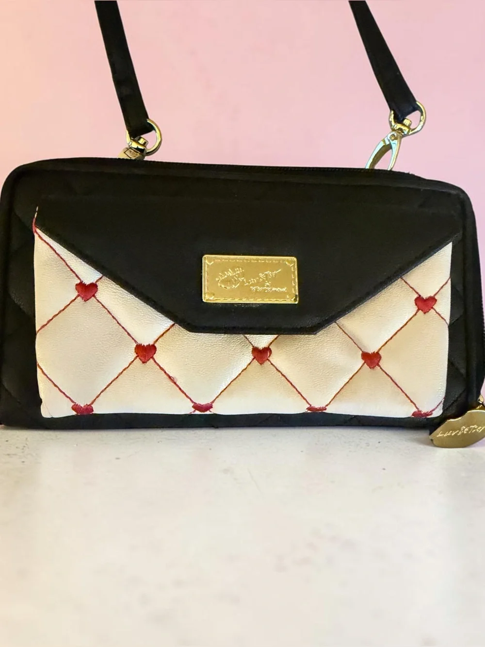 Designer-Inspired Black and Cream Heart Quilted Crossbody Bag